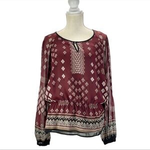 Adrianna Papell Popover Top M Boho Maroon Print Balloon Keyhole Cinch Waist